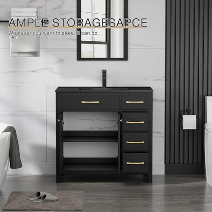 LUCKWIND 36" Bathroom Vanity with Sink Combo, Painted Modern Bathroom Storage Cabinet with Large Black Sink, Two Doors and Three Drawers, Include Faucet, Without Mirror, Black