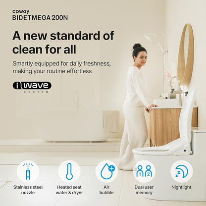 COWAY Bidetmega 200N *Elongated* Electronic Bidet Toilet Seat with Instantaneous Water Heating, Heated Seat and Dryer, Soft Close Lid, Stainless Nozzle, Night Light, Self Cleaning, Remote Control