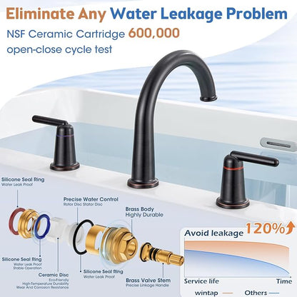 Roman Tub Faucet 3 Hole Deck Mount Tub Filler Oil Rubbed Bronze | With Ceramic Valve, Solid Brass, High Arch Bathtub Faucet, 2-Handle Design, Widespread Mount, Garden Bath Tub Faucet