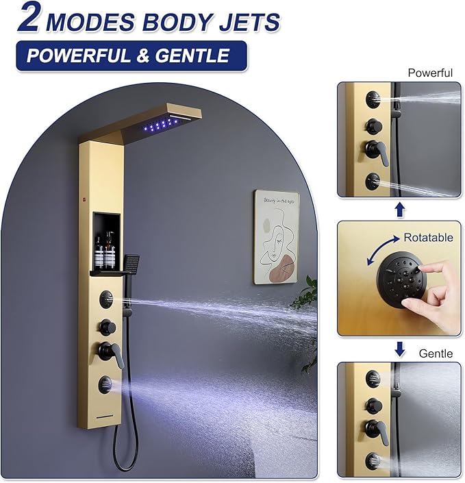 ROVATE LED Rainfall Waterfall Shower Panel Tower System with Shelf, Brushed Gold Shower Column Stainless Steel with Powerful Mist and Massage Body Jets, Handheld, Waterfall Tub Spout