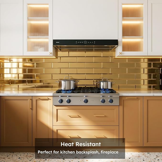 Peel and Stick Mirror Backsplash, Gold, 4x12 Inch, Beveled Mirror Subway Kitchen Bar Wall Tile (5 Sq.ft, 15 Pcs)