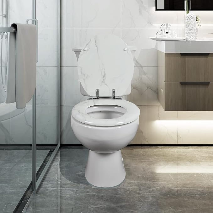 Angel Shield Marble Toilet Seat Durable Molded Wood with Quiet Close,Easy Clean，Quick-Release Hinges (Elongated,White Marble)