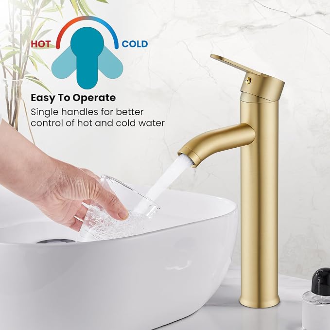 gotonovo Modern Vessel Sink Faucet with ABS Pop Up Drain, Brushed Gold | Modern Tall Bathroom Faucet 1 Hole Single Handle Round Body, cUPC Water Supply Hoses, Basin Mixer Tap for Vanity Lavatory Rv