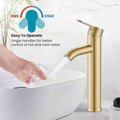 gotonovo Modern Vessel Sink Faucet with ABS Pop Up Drain, Brushed Gold | Modern Tall Bathroom Faucet 1 Hole Single Handle Round Body, cUPC Water Supply Hoses, Basin Mixer Tap for Vanity Lavatory Rv