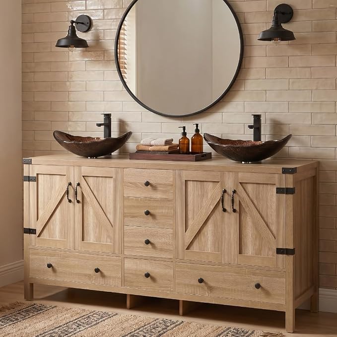 60 inch Natural Color Bathroom Vanity, Rustic Fixture Standing Pedestal Cabinet with Two Brown Leaf Sinks