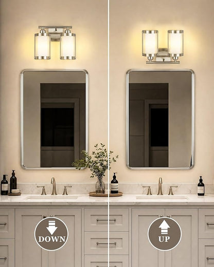 2-Light Brushed Nickel Bathroom Light Fixtures with Milk White Frosted Glass, 13.2" UL-Listed Modern Wall Sconce Over Mirror with Metal Cage for Bath, Hardwire E26, OS-3014BNW-2W