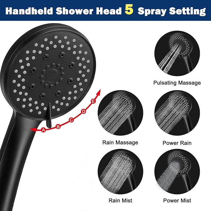 NearMoon Shower Head with Hose, High-Pressure Stainless Steel 8'' Rain Shower and 5 Settings Handheld Spray Combo with Push Button Flow Control for Easy Operation (Matte Black)