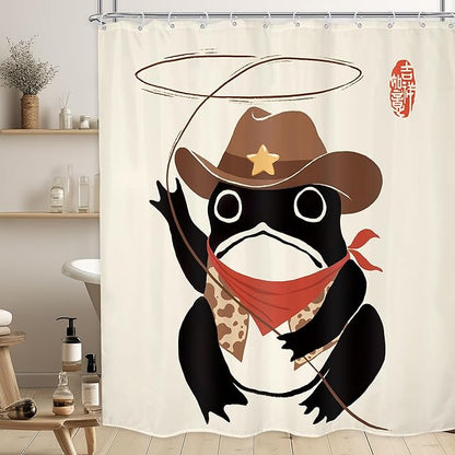 LGhtyro Funny Cowboy Frog Shower Curtain Bathroom Set 71Wx71H Inches Retro Western Rodeo Animal Cute Hat Asian Traditional Japanese Art Bath Accessories Black Beige Art Home Decor Fabric 12 Pack Hooks