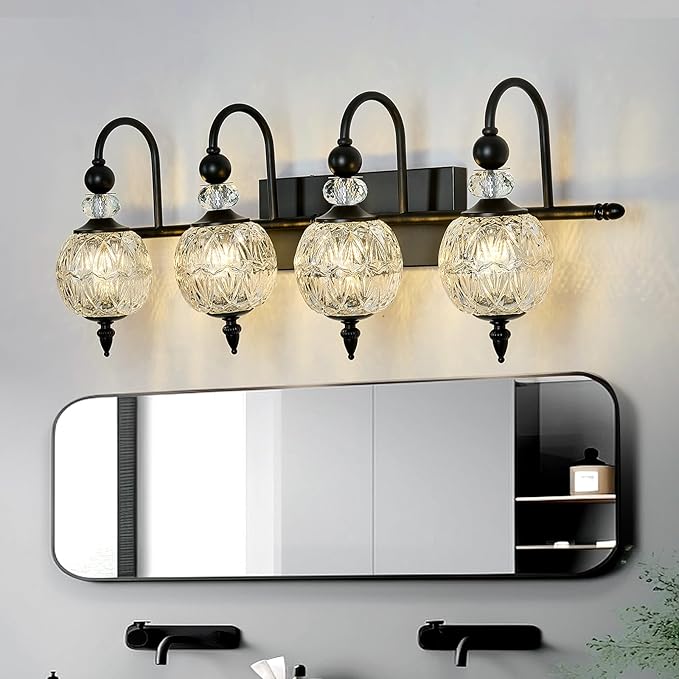 Vintage Bathroom Light Fixtures Black Vanity Light with Glass Globe LampShade 4 Lights Mid Century G9 Bulb Wall Sconce Indoor Vanity Light Over Mirror for Kitchen Bedroom Farmhouse