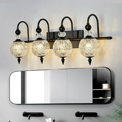 Vintage Bathroom Light Fixtures Black Vanity Light with Glass Globe LampShade 4 Lights Mid Century G9 Bulb Wall Sconce Indoor Vanity Light Over Mirror for Kitchen Bedroom Farmhouse