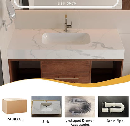 KEIKI 39.4" Bathroom Vanity with Undermount Sink Combo, Modern Floating Vanity Cabinet with 2 Drawers & Open Side Shelves, Storage Wall Mounted Cabinet for Small Space, Walnut Marbe