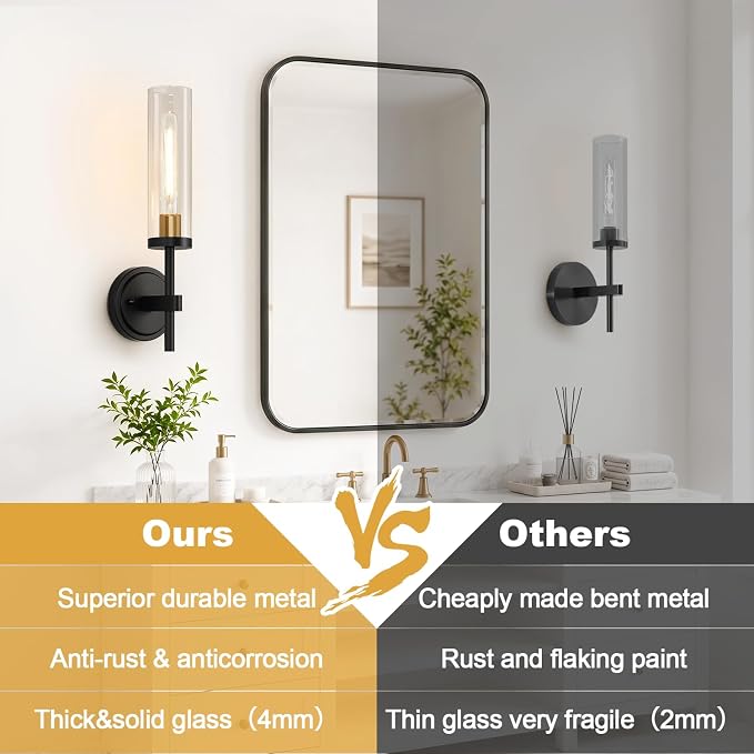 MOKATNG Hardwired Wall Sconces, Black and Gold Bathroom Sconces with Clear Glass, Modern Wall Light Fixtures for Bathroom Mirror Vanity, Living Room, Bedroom, Hallway, Stairway, Cabinet, Foyer