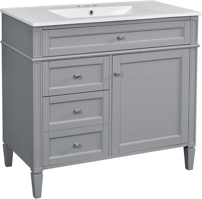 Merax 36 Inch Bathroom Vanity with Top Sink, Modern Bathroom Storage Cabinet with 2 Drawers and a Tip-Out Drawer, Solid Wood Frame Single Sink Bath Vanities, Gray