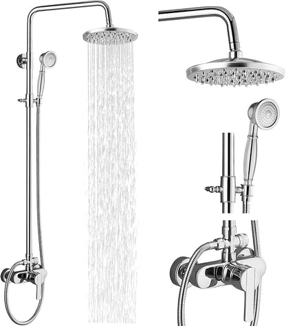 Airuida Exposed Shower System, 8 Inch Rainfall Shower Head with Handheld Spray, Single Handle Wall Mount Shower Faucet Set, Solid Brass Dual Function Exposed Pipe Fixture for Bathroom,Chrome Polish