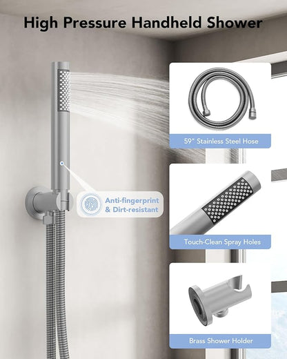 10" High-Pressure Rainfall Shower System with Handheld Spray, Wall Mount Bathroom Shower Faucet Set (Brushed Nickel)