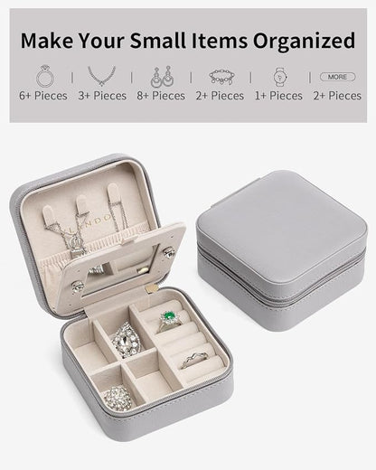 VLANDO Travel Jewelry Case with Mirror, Storage 3 Pairs of Stud Earrings | Necklace Hook for Anti-tangle, Removable Dividers, Waterproof PU Leather,Portable Storage for Rings, Necklace Gifts for Women
