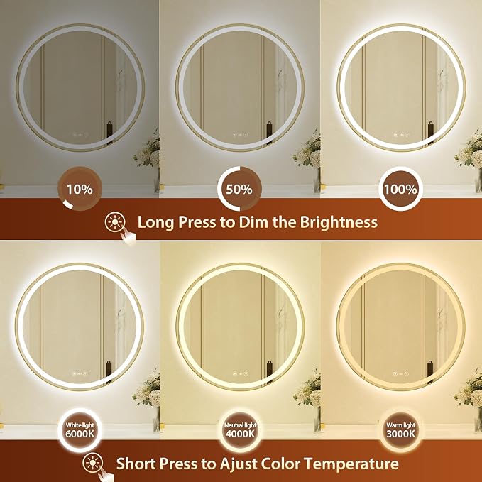 30 Inch Round Gold Framed LED Bathroom Mirror with Lights,Smart Bathroom Mirror,Motion Sensor,Tempered Glass,Anti-Fog,Stepless Dimmable & 3 Colors,Memory,Vanity Mirror for Wall