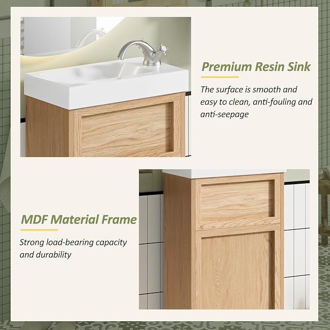 Merax Modern Rustic 15.75'' Bathroom Vanity with Resin Sink, Solid Wood Bathroom Storage Cabinet with Adjustable Shelf & Push-to-Open Door for Small Spaces, Natural