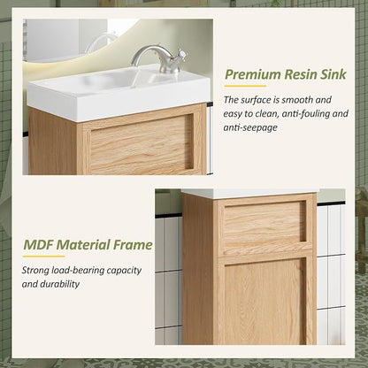 Merax Modern Rustic 15.75'' Bathroom Vanity with Resin Sink, Solid Wood Bathroom Storage Cabinet with Adjustable Shelf & Push-to-Open Door for Small Spaces, Natural