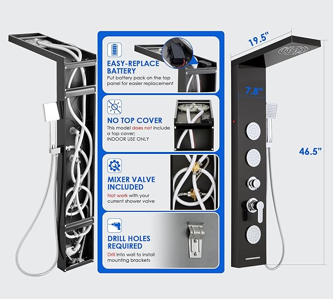 ROVOGO Shower Panel Tower System with Led Lights, 2-Mode Shower Head, 3 Body Jets, Handheld and Tub Spout, 46.5"H x 7.8"W Stainless Steel Shower Column with Mixer Valve, Black