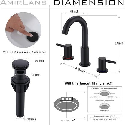 Black Bathroom Faucets 3 Hole, Matte Black Bathroom Faucet with Pop up Drain, Stainless Steel 2 Handle 8 Inch Widespread Vanity Faucet for Bathroom Sink, AML-21754-BK