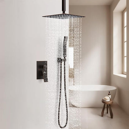 SunCleanse Rainfall Shower System with High Pressure in Oil Rubbed Bronze | Ceiling mounted shower combo set featuring a 12" square rain head, handheld spray, and rough-in mixer valve with trim.