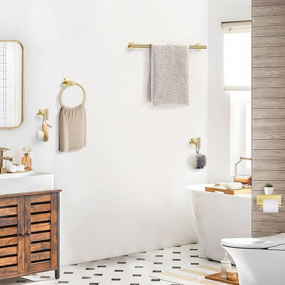 TQKAG 5 Piece Bathroom Hardware Set, Brushed Gold Bathroom Accessories | SUS304 Stainless Steel, 23.6" Brushed Gold Toilet Paper Holder with Shelf, Towel Racks for Bathroom Wall Mounted, Towel Bars