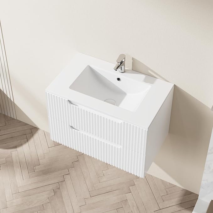 30 inch Wall Mounted Bathroom Vanity with Sink Floating Bathroom Cabinet Sink Combo, Soft-Close System, 2 Extra Big Drawers, White