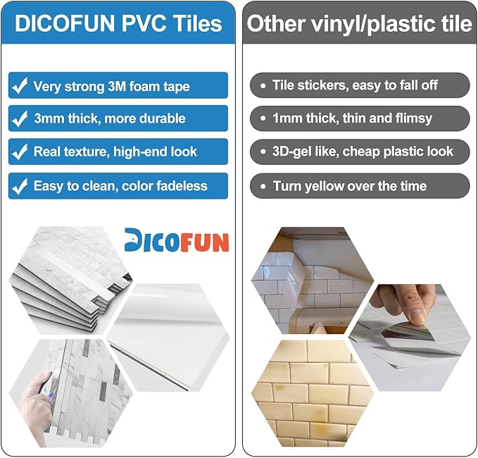 DICOFUN 10-Sheet Peel and Stick Backsplash Tile, Faux White Marble Look PVC Mixed Metal Stick on Backsplash Tiles for Kitchen and Bathroom, 9.4 sq.ft