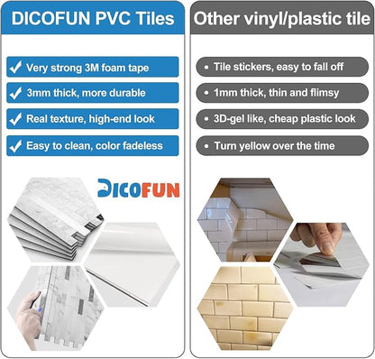 DICOFUN 10-Sheet Peel and Stick Backsplash Tile, Faux White Marble Look PVC Mixed Metal Stick on Backsplash Tiles for Kitchen and Bathroom, 9.4 sq.ft