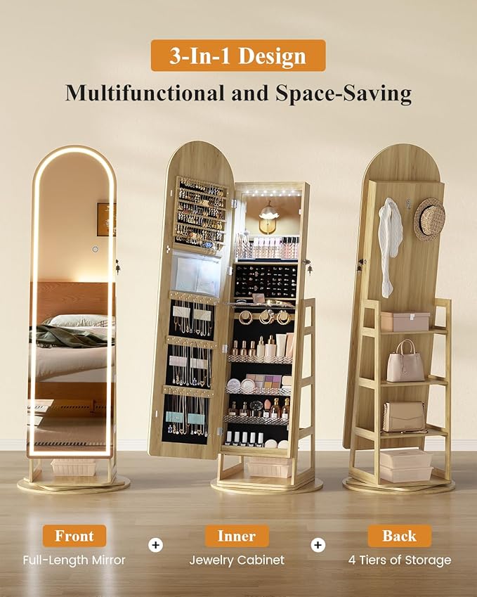 LVSOMT LED Arched Mirror Jewelry Cabinet Standing, Lockable Jewelry Armoire | 360° Swivel Full-Length Mirror with Storage, Large Jewelry Organizer Mirror, Foldable Makeup Shelf, Gift for Women, Wood
