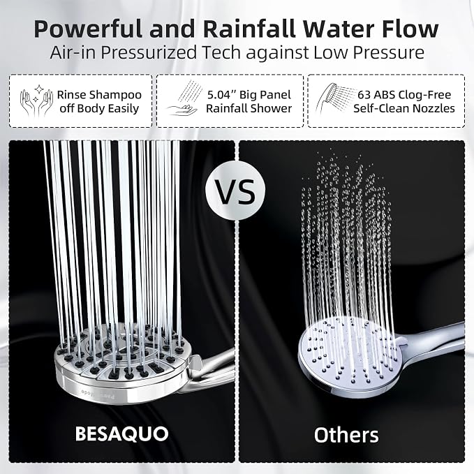 BESAQUO 9 Functions High Pressure Shower Head with Handheld,Built-in Pause Mode&Power Wash,Non-Clogging Nozzles,6ft Hose&Bracket