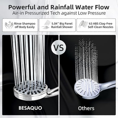 BESAQUO 9 Functions High Pressure Shower Head with Handheld,Built-in Pause Mode&Power Wash,Non-Clogging Nozzles,6ft Hose&Bracket