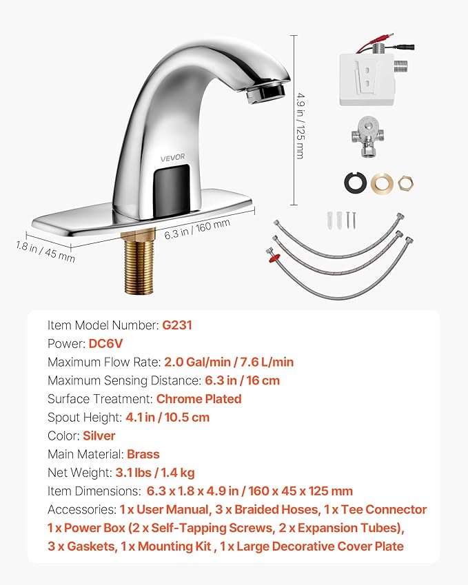 VEVOR Touchless Bathroom Sink Faucet, Automatic Motion Sensor Restroom Toilet Faucet with Hole Cover Plate, Battery Operated,Adjustable Temp for 9/16 in Pipe Commercial Lavatory,Chrome Plated Silver
