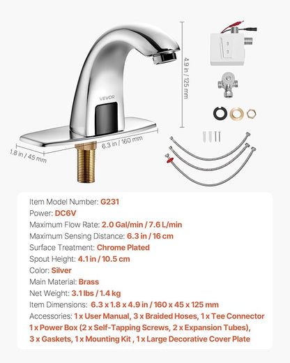 VEVOR Touchless Bathroom Sink Faucet, Automatic Motion Sensor Restroom Toilet Faucet with Hole Cover Plate, Battery Operated,Adjustable Temp for 9/16 in Pipe Commercial Lavatory,Chrome Plated Silver
