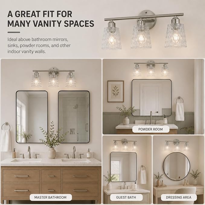 Brushed Nickel Bathroom Light Fixture, 3-Light Modern Vanity Light Over Mirror with Textured Glass Shades, Stainless Steel Construction, E26 Sockets (Bulbs Not Included)