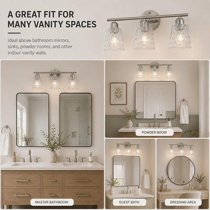 Brushed Nickel Bathroom Light Fixture, 3-Light Modern Vanity Light Over Mirror with Textured Glass Shades, Stainless Steel Construction, E26 Sockets (Bulbs Not Included)