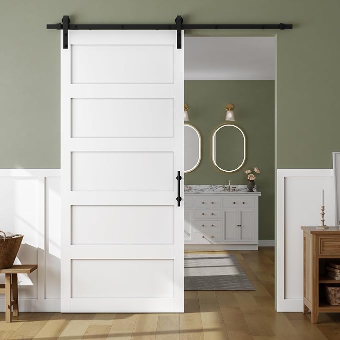 SMARTSTANDARD 42in x 96in Sliding Barn Door with 7FT Hardware Track Kit | Waterproof PVC Surface, Pre-Drilled Holes Easy to Assemble, Solid, MDF, White, 5-Panel