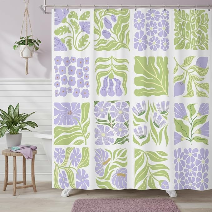 JAWO Cute Boho Floral Shower Curtain, Purple Green Abstract Floral Retro Aesthetic Shower Curtain for Bathroom, Funky Unique Waterproof Fabric Polyester Bath Curtains Decor with Hooks,47Wx64H