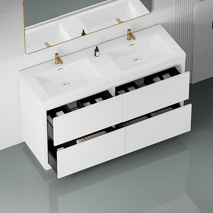 60 Inch Bathroom Vanity with Sink, Double Sink Bathroom Vanity, Freestanding Vanity Bathroom Soft Closed 4 Drawers, Integrated Sink (Glossy White)