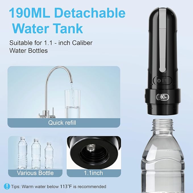 Electric Portable Bidet for Camping & Business Trips, Black | Pocket size whisper-quiet handheld sprayer 3 pressure modes 1600mAh Long-lasting Battery USB-C Rechargable IPX7 Waterproof