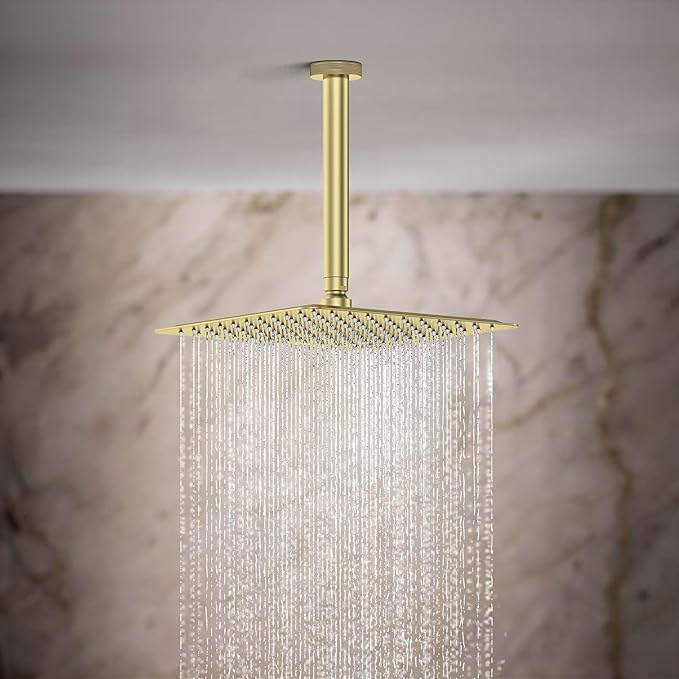 Shower System 12IN Modern Rain Brass Faucet Set With Valve and Diverter Shower Mixer With Handheld High Pressure Square Rainfall Shower Valve (12'' Ceiling Mount, Brushed Gold)