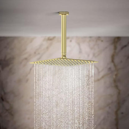 Shower System 12IN Modern Rain Brass Faucet Set With Valve and Diverter Shower Mixer With Handheld High Pressure Square Rainfall Shower Valve (12'' Ceiling Mount, Brushed Gold)