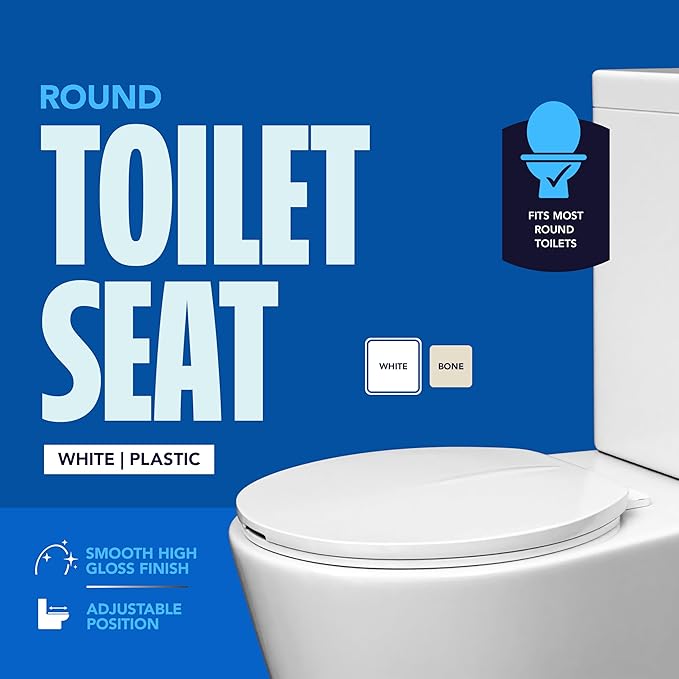 HIGHCRAFT Premium Round Toilet Seat with Adjustable Hinges - Molded Plastic Toilet Seat - Fits Standard Round Toilets - Round Seat in White