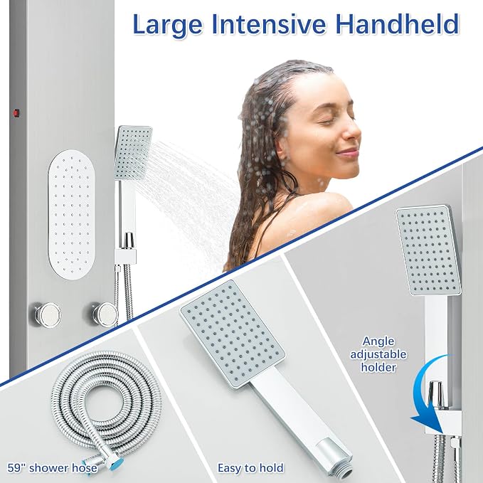 Luxury Shower Tower System with LED Shower Head, 5 Functions Shower Panel Tower System with 4 pcs Body Massage Jets,Stainless Steel Wall Mount Massage Shower Panel Tower System Brushed Nickel