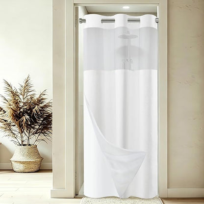 SORTTO No Hook Slub Shower Curtain with Liner, 48x74, White | Snap in Liner, 3 in 1, Bamboo Texture, Hotel Style, Waterproof Fabric, Mesh Top Window, Corner Magnets, Machine Washable