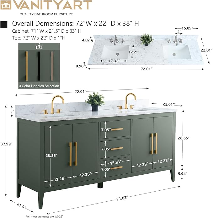Vanity Art 72 inch Bathroom Vanity with Double Sink & Ceramic Top, Vanity Cabinet with Soft-Closing Doors, Drawers, Solid Wood Frame, Vintage Green, Matte Black Handware