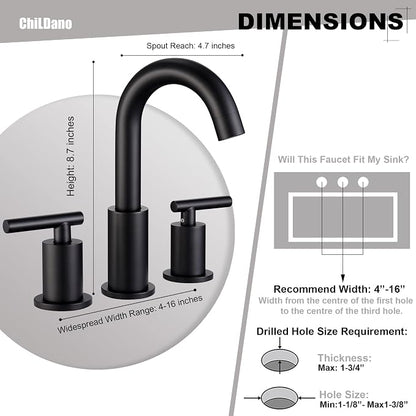 ChiLDano Black Faucets for Bathroom Sink, 3 Hole Bathroom Faucet with Drain | 2 Handles Widespread Bathroom Faucet for Sink, 8 in Spread Black Sink Faucets Bathroom with Swivel Spout