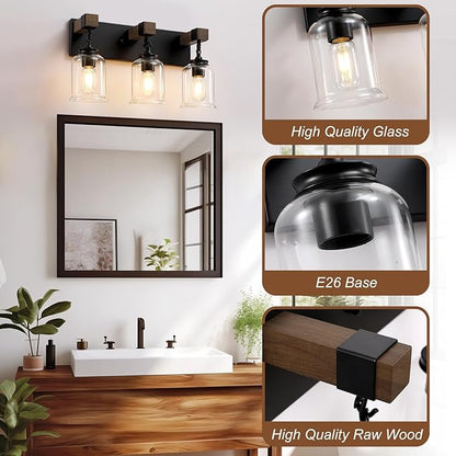 Farmhouse Bathroom Light Fixtures, 3 Light Bathroom Vanity Light, Black Industrial Style with Clear Glass Shades, Wood Bathroom Lighting Fixtures Over Mirror for Bedroom, Living Room