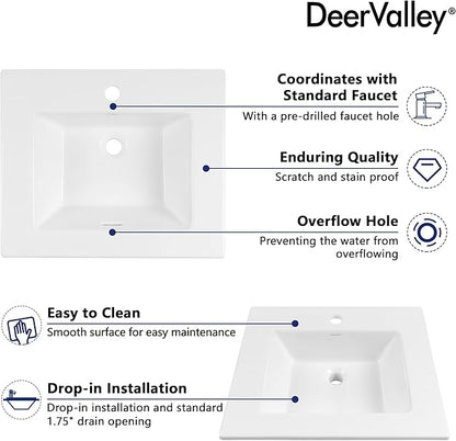 DeerValley 21"x18" Drop-In Bathroom Sink Ceramic Rectangle Vessel Sink with Overflow Vanity Bathroom Vessel Sink Bowl